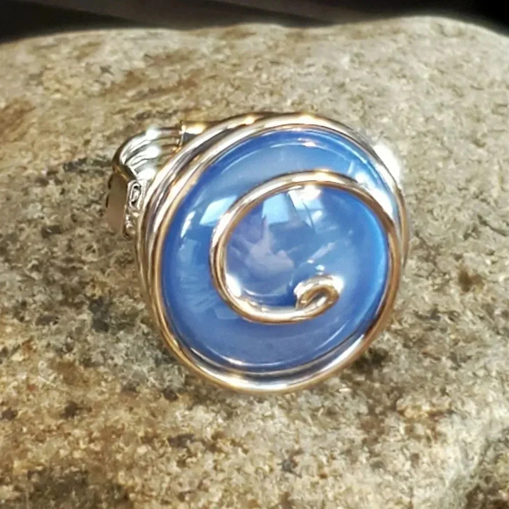 Handcrafted Edgy Cornflower Blue Luster Silver Spiral Luster Glass Bauble Ring